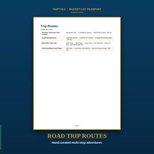 May include: A white page titled Trip Routes from a Triptyka Bucket-List Passport. The table lists four travel clusters: Kentucky-Tennessee Cave Country, Southwest Big Caves, Black Hills Cave Loop, and Pacific Northwest Lava Tubes with details.