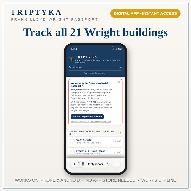 Frank Lloyd Wright Bucket List-app - Present till arkitekturälskare - Byggnadsspårning, åtkomst till telefonapp, iPhone Android bild 1