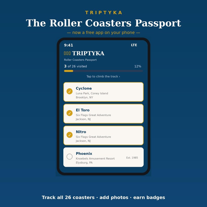 May include: A smartphone screen displaying the Triptyka Roller Coasters Passport app. The interface shows a progress bar with 3 of 26 coasters visited, and a list of roller coasters including Cyclone, El Toro, Nitro, and Phoenix with checkmarks.