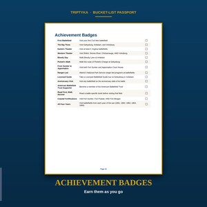 Może przedstawiać: Biała strona z paszportu Triptyka Bucket-List zatytułowana Achievement Badges. Zawiera listę zadań, takich jak First Battlefield, The Big Three i Ranger-Led, z polami wyboru do śledzenia postęp&oacute;w. W stopce strony widnieje napis Page 32.