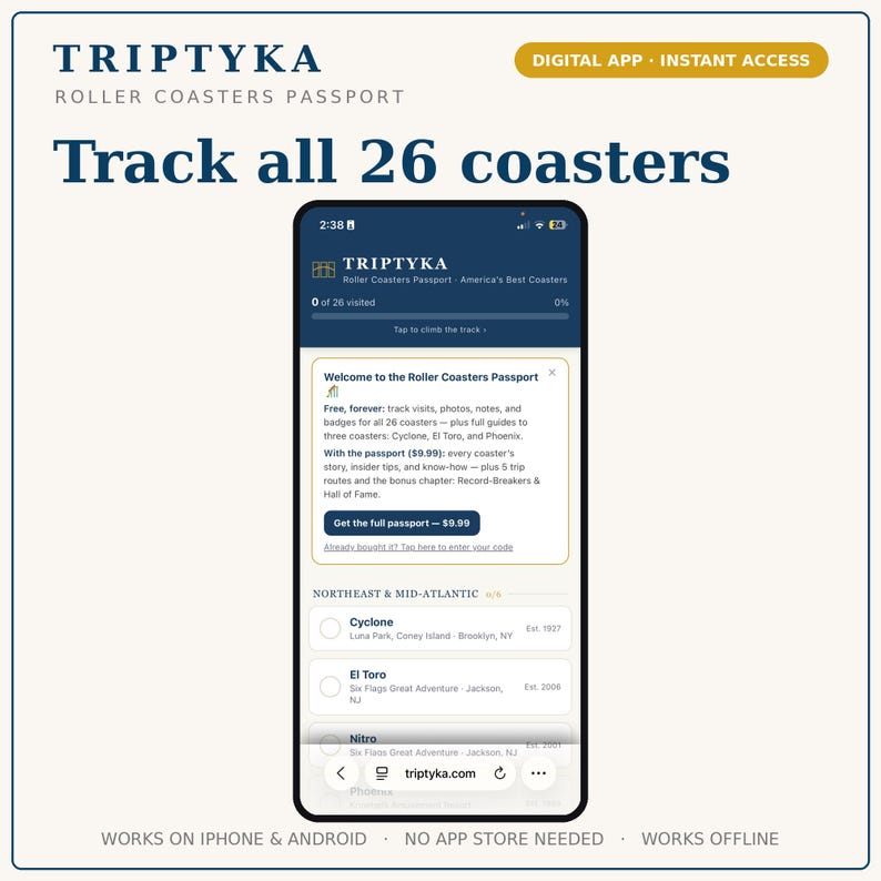 Roller Coasters App — Digital Bucket List Tracker for Your Phone | Track 26 roller coasters | Instant Access + Unlock Code image 1