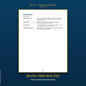 May include: A white page titled Trip Routes from a Triptyka Bucket-List Passport. It lists four travel itineraries: California Mission Trail, DC Sacred Mile, NYC Cathedrals, and Trappist Monastery Loop, with brief descriptions for each route.