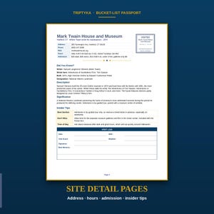 May include: A white page from a bucket-list passport titled Mark Twain House and Museum. It includes address, phone, website, hours, and admission details, along with a Did You Know section, historical description, significance, insider tips, and a visit log.