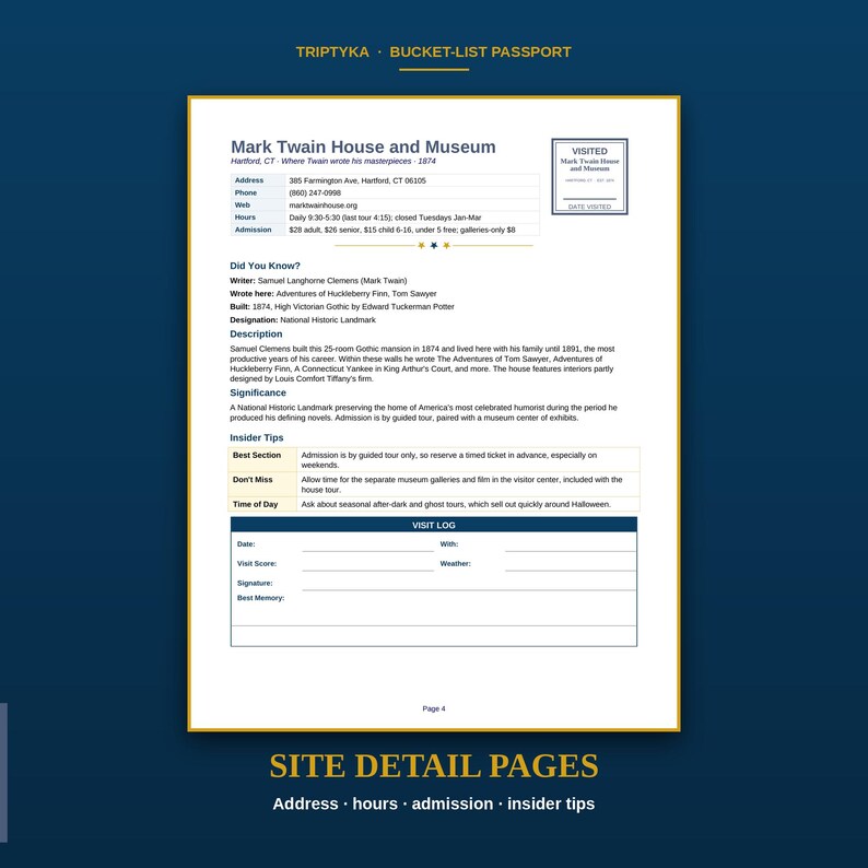 May include: A white page from a bucket-list passport titled Mark Twain House and Museum. It includes address, phone, website, hours, and admission details, along with a Did You Know section, historical description, significance, insider tips, and a visit log.