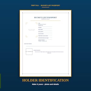 Puede incluir: Una p&aacute;gina de identificaci&oacute;n de pasaporte Bucket-List rectangular blanca con bordes dorados. Incluye campos para datos personales, un marcador de posici&oacute;n para fotos y una l&iacute;nea de firma. El texto incluye BUCKET-LIST PASSPORT, Triptyka e informaci&oacute;n de registro.