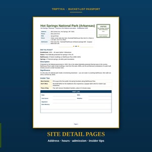 Peut inclure: Une page d'information blanche intitul&eacute;e Triptyka Bucket-List Passport d&eacute;taillant le parc national de Hot Springs en Arkansas. Le document comprend des sections pour l'adresse, les horaires, l'admission, des faits, des conseils et un journal de visite.