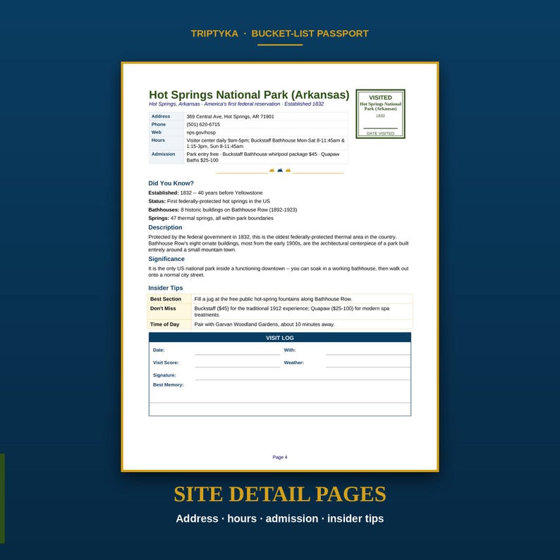 Peut inclure: Une page d'information blanche intitul&eacute;e Triptyka Bucket-List Passport d&eacute;taillant le parc national de Hot Springs en Arkansas. Le document comprend des sections pour l'adresse, les horaires, l'admission, des faits, des conseils et un journal de visite.