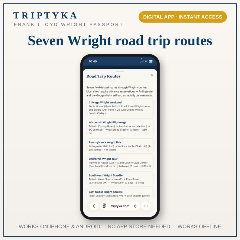 Frank Lloyd Wright Bucket List-app - Present till arkitekturälskare - Byggnadsspårning, åtkomst till telefonapp, iPhone Android bild 4