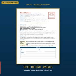 May include: A white informational page titled Mount Vernon from a bucket-list passport collection. It includes address, phone, website, hours, admission, historical facts, a description, significance, insider tips, and a visit log section at the bottom.