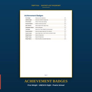 Op de afbeelding: Een witte pagina uit het Triptyka Bucket-List Passport met de titel Achievement Badges. Het bevat een lijst van twaalf specifieke doelen met betrekking tot Frank Lloyd Wright-locaties, elk met een selectievakje voor voortgang en paginanummer 27.