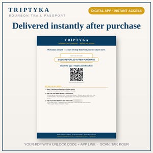 K&ouml;nnte beinhalten: Ein digitales Triptyka Bourbon Trail Passport Dokument mit Anweisungen f&uuml;r den App-Zugriff. Die Seite enth&auml;lt einen QR-Code, eine URL f&uuml;r Triptyka.com/bourbon, einen Platzhalter f&uuml;r einen Freischaltcode und eine dreistufige Anleitung.