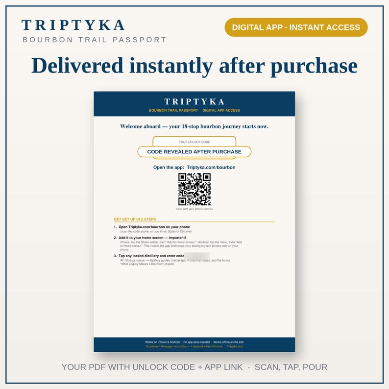 K&ouml;nnte beinhalten: Ein digitales Triptyka Bourbon Trail Passport Dokument mit Anweisungen f&uuml;r den App-Zugriff. Die Seite enth&auml;lt einen QR-Code, eine URL f&uuml;r Triptyka.com/bourbon, einen Platzhalter f&uuml;r einen Freischaltcode und eine dreistufige Anleitung.
