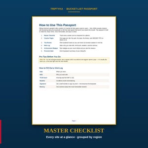 K&ouml;nnte beinhalten: Eine Seite eines Triptyka Bucket-List-Passes mit Anweisungen zur Verwendung des Passes und zum Ausf&uuml;hren eines Besuchsprotokolls. Der Text beschreibt Abschnitte f&uuml;r eine Checkliste, Achterbahnseiten, Routen, Fahrtenprotokolle und pers&ouml;nliche Statistiken.