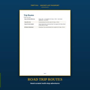 Pu&ograve; includere: Una pagina bianca intitolata Trip Routes tratta da un Triptyka Bucket-List Passport. Il testo elenca Maine 100-Mile Wilderness, Tahoe Rim Trail, Glacier 50-mile Sampler e Mt. Rainier Wonderland con descrizioni di luoghi, durate e distanze.
