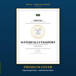 May include: A white rectangular passport cover with a gold border and gold text reading TRIPTYKA BUCKET-LIST PASSPORT, WATERFALLS PASSPORT, America's Great Cascades, Plunges & Punchbowls, Plunge A- Mist A- Roar, and Edition 2026, featuring a central gold circular logo.