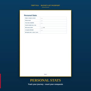 K&ouml;nnte beinhalten: Eine wei&szlig;e Seite aus einem Triptyka Bucket-List Passport mit der &Uuml;berschrift Personal Stats. Die Seite enth&auml;lt eine Tabelle mit Zeilen f&uuml;r besuchte Staaten oder Regionen, gespeicherte Fotos, Routen, Lieblingsarena, NHL-Arenen von 35 und Spiele.