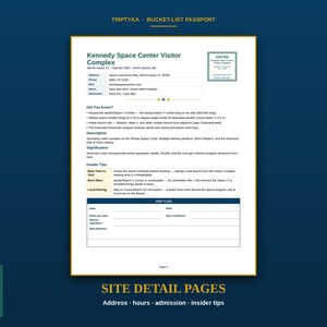 Pu&ograve; includere: Una pagina del passaporto Triptyka Bucket-List per il Kennedy Space Center Visitor Complex. Il documento include indirizzo, telefono, sito web, orari, ammissione, una sezione Did You Know, descrizione, importanza e un registro di visita.
