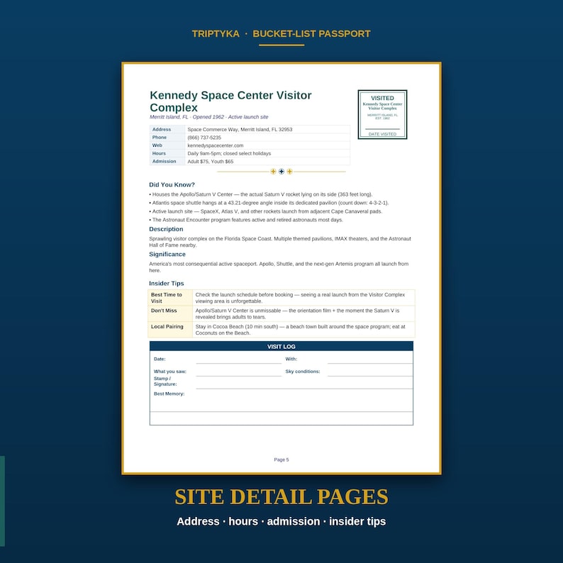 Pu&ograve; includere: Una pagina del passaporto Triptyka Bucket-List per il Kennedy Space Center Visitor Complex. Il documento include indirizzo, telefono, sito web, orari, ammissione, una sezione Did You Know, descrizione, importanza e un registro di visita.