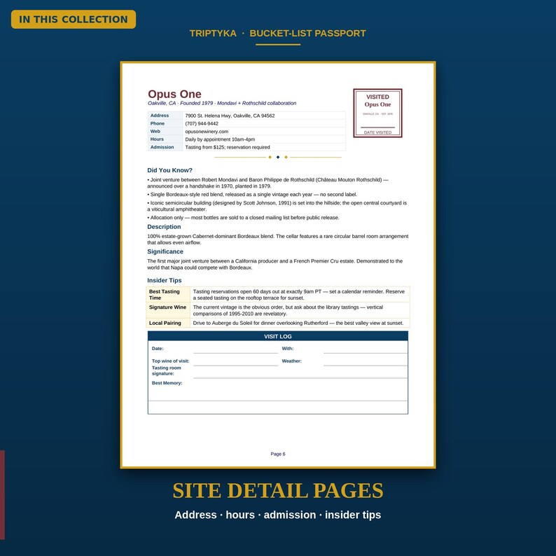 May include: A white informational page titled Opus One from a bucket-list passport collection. It features winery details, historical facts, insider tips, and a visit log section with fields for date, weather, and notes on a dark blue background.