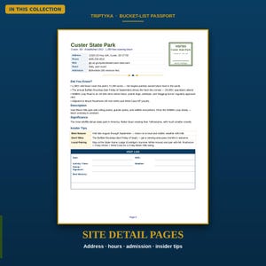 May include: A white informational page titled Custer State Park from a bucket-list passport collection. It includes contact details, a Did You Know section, park description, significance, insider tips, and a visit log with fields for date and weather.