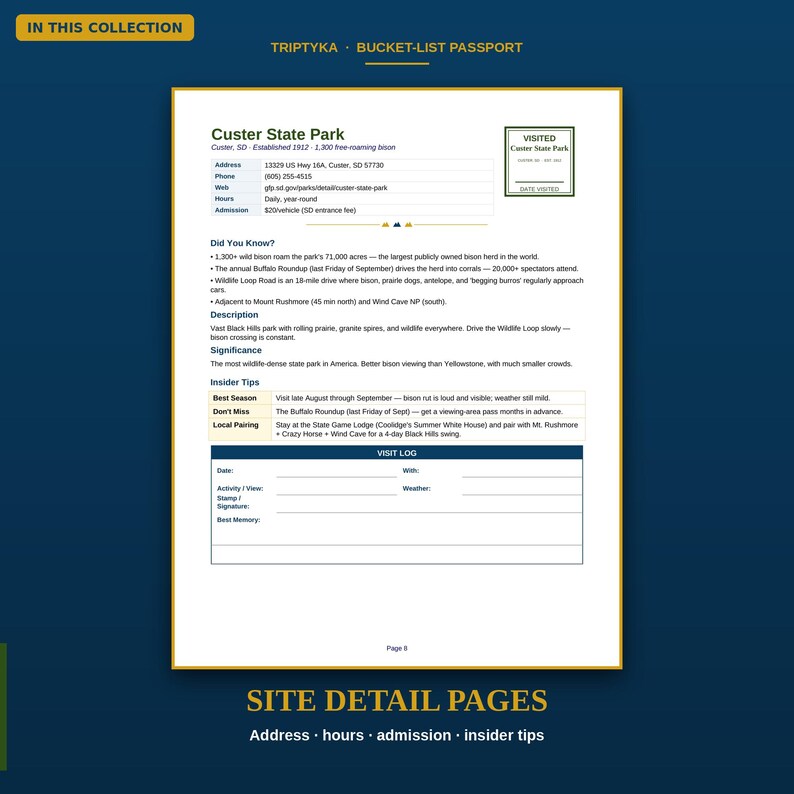 May include: A white informational page titled Custer State Park from a bucket-list passport collection. It includes contact details, a Did You Know section, park description, significance, insider tips, and a visit log with fields for date and weather.