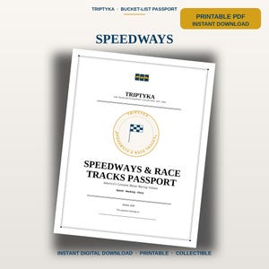 Puede incluir: Un documento PDF imprimible titulado Speedways & Race Tracks Passport, que presenta un emblema de bandera a cuadros, el texto America's Greatest Motor Racing Venues, Speed, Banking, Glory y Edition 2026, en un dise&ntilde;o limpio.