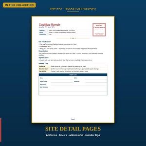 Pu&ograve; includere: Una pagina bianca di un passaporto dei desideri intitolata Cadillac Ranch, Amarillo, TX. Include indirizzo, orari, ammissione, un riquadro per il timbro, fatti, consigli utili e una sezione per il registro delle visite con campi per data e meteo.