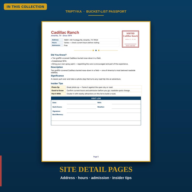 Pu&ograve; includere: Una pagina bianca di un passaporto dei desideri intitolata Cadillac Ranch, Amarillo, TX. Include indirizzo, orari, ammissione, un riquadro per il timbro, fatti, consigli utili e una sezione per il registro delle visite con campi per data e meteo.