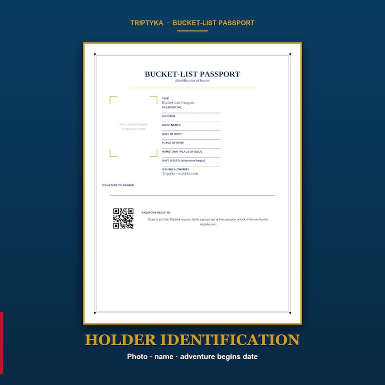 Pu&ograve; includere: Un documento rettangolare di passaporto per lista dei desideri con bordo blu scuro e dettagli dorati. La pagina presenta campi per l'identificazione personale, inclusi nome, data di nascita e luogo di rilascio, insieme a un codice QR.