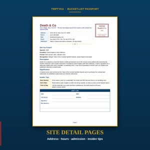 May include: A Triptyka bucket-list passport page featuring Death & Co in New York. The document includes address, phone, website, hours, admission, history, significance, insider tips, and a visit log section with fields for date, weather, and signature.