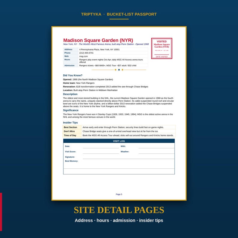 K&ouml;nnte beinhalten: Eine Triptyka Bucket-List-Passseite mit Details zum Madison Square Garden in New York. Das Dokument enth&auml;lt Adresse, Telefonnummer, Website, &Ouml;ffnungszeiten, Eintrittspreise, Fakten, Beschreibung, Bedeutung, Insider-Tipps und ein Logbuch.