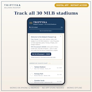 May include: A smartphone screen displaying the Triptyka Ballpark Passport digital app. The interface shows a progress bar for 30 MLB stadiums, a welcome message, and a list of American League East parks including Yankee Stadium and Fenway Park.