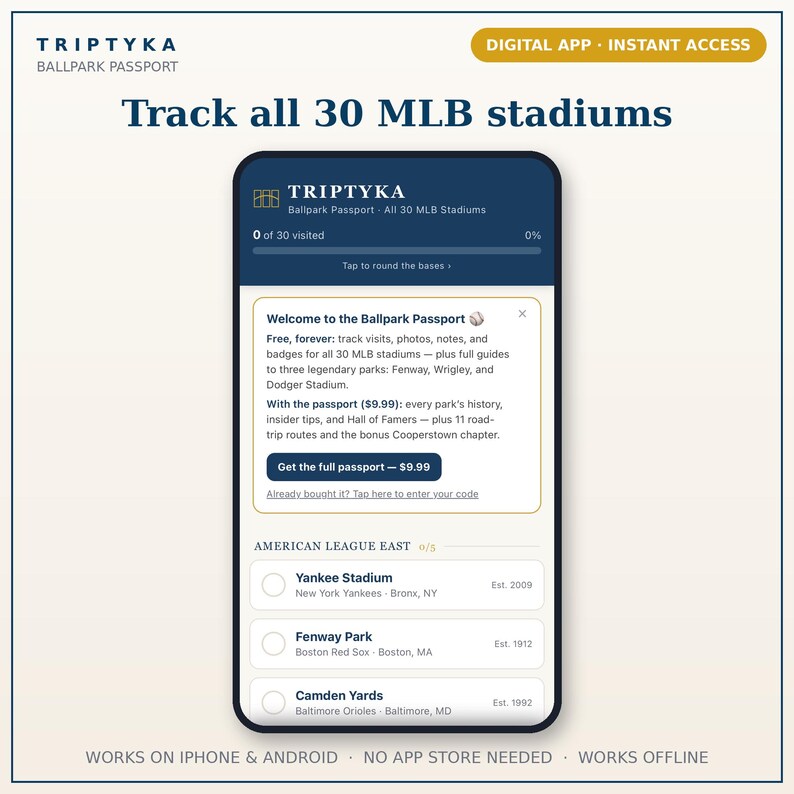 May include: A smartphone screen displaying the Triptyka Ballpark Passport digital app. The interface shows a progress bar for 30 MLB stadiums, a welcome message, and a list of American League East parks including Yankee Stadium and Fenway Park.