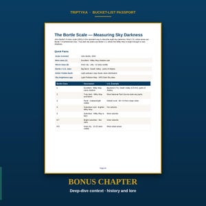 May include: A white informational page titled The Bortle Scale &mdash; Measuring Sky Darkness, featuring a table that categorizes sky brightness from class 1 to 9. The document includes quick facts, descriptions of each class, and U.S. examples.