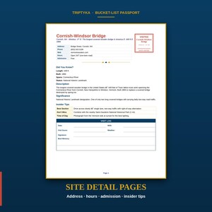 Puede incluir: Una p&aacute;gina blanca de un pasaporte Triptyka Bucket-List con detalles sobre el puente Cornish-Windsor. El documento incluye secciones para direcci&oacute;n, tel&eacute;fono, web, horario, admisi&oacute;n, hechos, descripci&oacute;n, importancia, consejos y un registro.