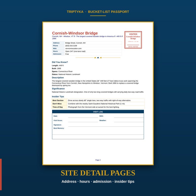Puede incluir: Una p&aacute;gina blanca de un pasaporte Triptyka Bucket-List con detalles sobre el puente Cornish-Windsor. El documento incluye secciones para direcci&oacute;n, tel&eacute;fono, web, horario, admisi&oacute;n, hechos, descripci&oacute;n, importancia, consejos y un registro.