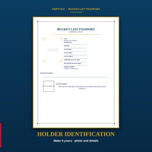 K&ouml;nnte beinhalten: Ein wei&szlig;es, rechteckiges Dokument mit dem Titel BUCKET-LIST PASSPORT und einem goldenen Rand. Es enth&auml;lt Felder zur pers&ouml;nlichen Identifikation, einen Platzhalter f&uuml;r ein Foto, eine Unterschriftszeile und ein QR-Code-Feld mit Hinweisen zu Triptyka.