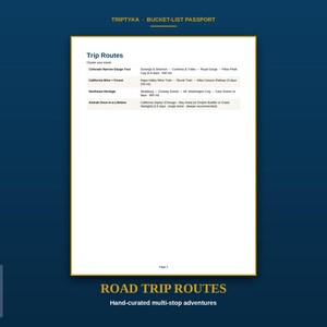 K&ouml;nnte beinhalten: Eine wei&szlig;e Seite mit dem Titel Trip Routes aus einem Triptyka Bucket-List Passport. Die Tabelle listet vier Reiserouten auf: Colorado Narrow Gauge Tour, California Wine + Forest, Northeast Heritage und Amtrak Once-in-a-Lifetime.