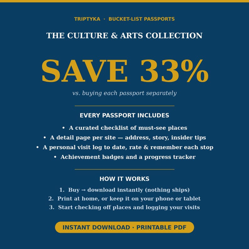 May include: A dark blue informational graphic titled TRIPTYKA BUCKET-LIST PASSPORTS THE CULTURE & ARTS COLLECTION. It lists features including a curated checklist, detail pages, visit logs, and achievement badges, plus instructions for instant download.