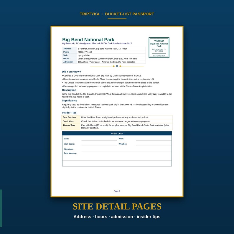 May include: A white informational page titled Big Bend National Park from a bucket-list passport. It includes address, phone, website, hours, admission, facts, insider tips, and a visit log section with fields for date, with, score, weather, and signature.
