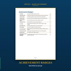 May include: A white page from a Triptyka Bucket-List Passport titled Achievement Badges. The page lists twelve aviation-themed goals with checkboxes, including First Wing, Smithsonian Pair, and Shuttle Spotter, with page number 31 at the bottom.