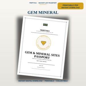 May include: A white rectangular document titled Gem & Mineral Sites Passport, featuring a central gold diamond icon, black text, and lines for personal information. The cover includes the text America's Great Mines, Museums & Dig Sites.