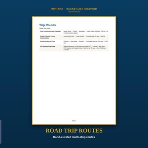 May include: A white page titled Trip Routes from a Triptyka Bucket-List Passport. The document lists four travel itineraries: Four Corners Ancient Puebloan, Pueblo Country Living Communities, Southeast Mound Tour, and DC Museum Pilgrimage.