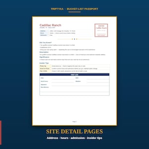 May include: A white page titled Triptyka Bucket-List Passport featuring details for Cadillac Ranch in Amarillo, Texas. The document includes address, hours, admission, facts, insider tips, and a visit log section with lines for date and notes.