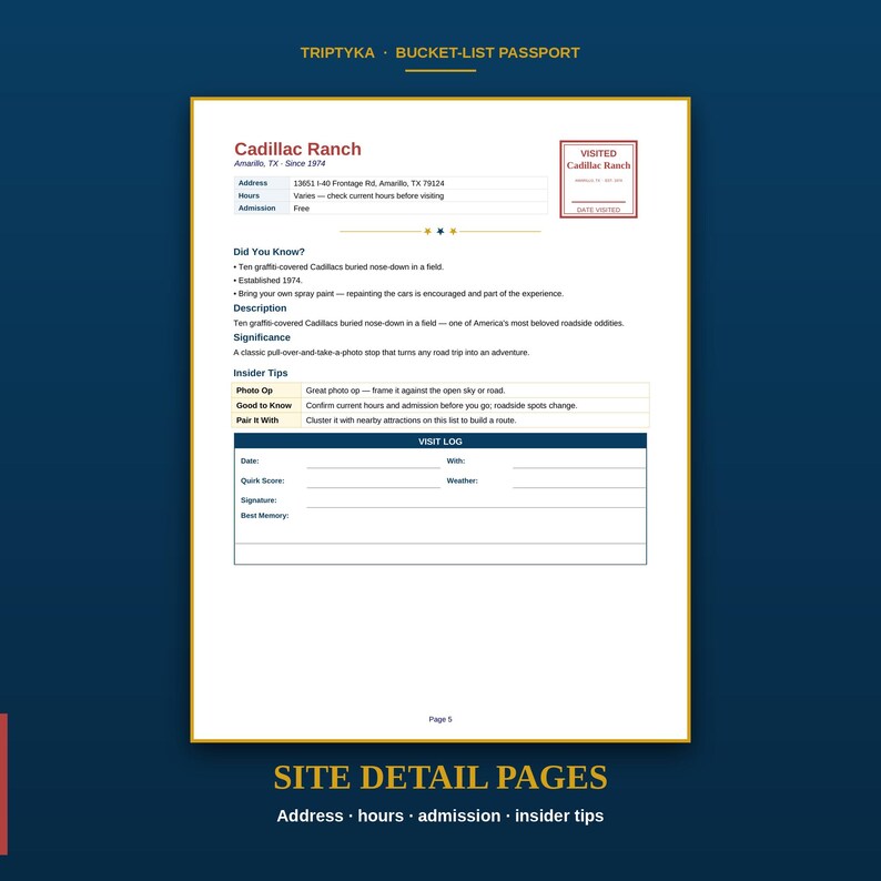 May include: A white page titled Triptyka Bucket-List Passport featuring details for Cadillac Ranch in Amarillo, Texas. The document includes address, hours, admission, facts, insider tips, and a visit log section with lines for date and notes.