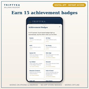 May include: A smartphone screen displaying the Triptyka Ballpark Passport app interface. The screen shows a list of 15 achievement badges including Rookie, All-Star, MVP, Cy Young, Splash Hit, Mile High, Ivy Walker, Monster, and Bleacher Creature.