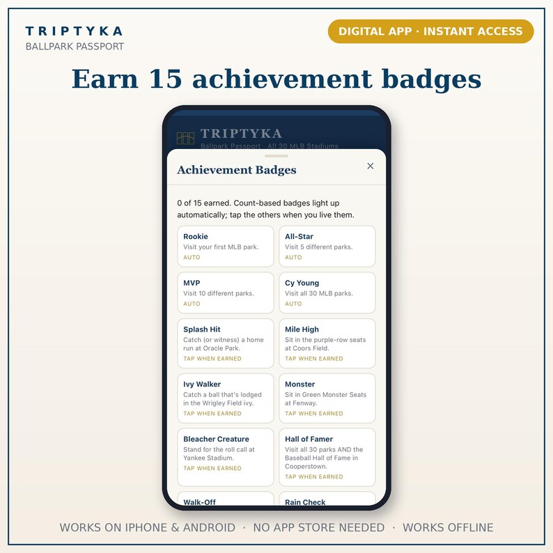 May include: A smartphone screen displaying the Triptyka Ballpark Passport app interface. The screen shows a list of 15 achievement badges including Rookie, All-Star, MVP, Cy Young, Splash Hit, Mile High, Ivy Walker, Monster, and Bleacher Creature.