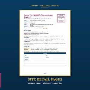 May include: A Triptyka Bucket-List Passport page detailing the Bronx Zoo, featuring the Wildlife Conservation Society, address, hours, admission, Did You Know facts, description, significance, insider tips, and a visit log section for notes.