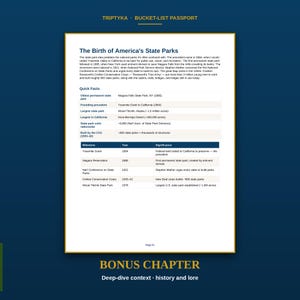 May include: A white informational page titled The Birth of America's State Parks, featuring a historical summary, a Quick Facts table with data on state parks, and a chronological milestone table. The page is labelled Page 51 at the bottom.