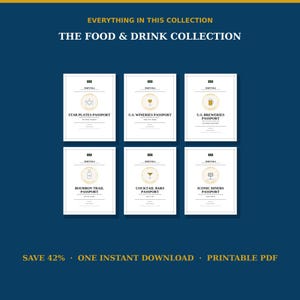 May include: A collection of six white rectangular booklets titled The Food & Drink Collection, including Star Plates, U.S. Wineries, U.S. Breweries, Bourbon Trail, Cocktail Bars, and Iconic Diners passports, each featuring a unique gold circular icon.